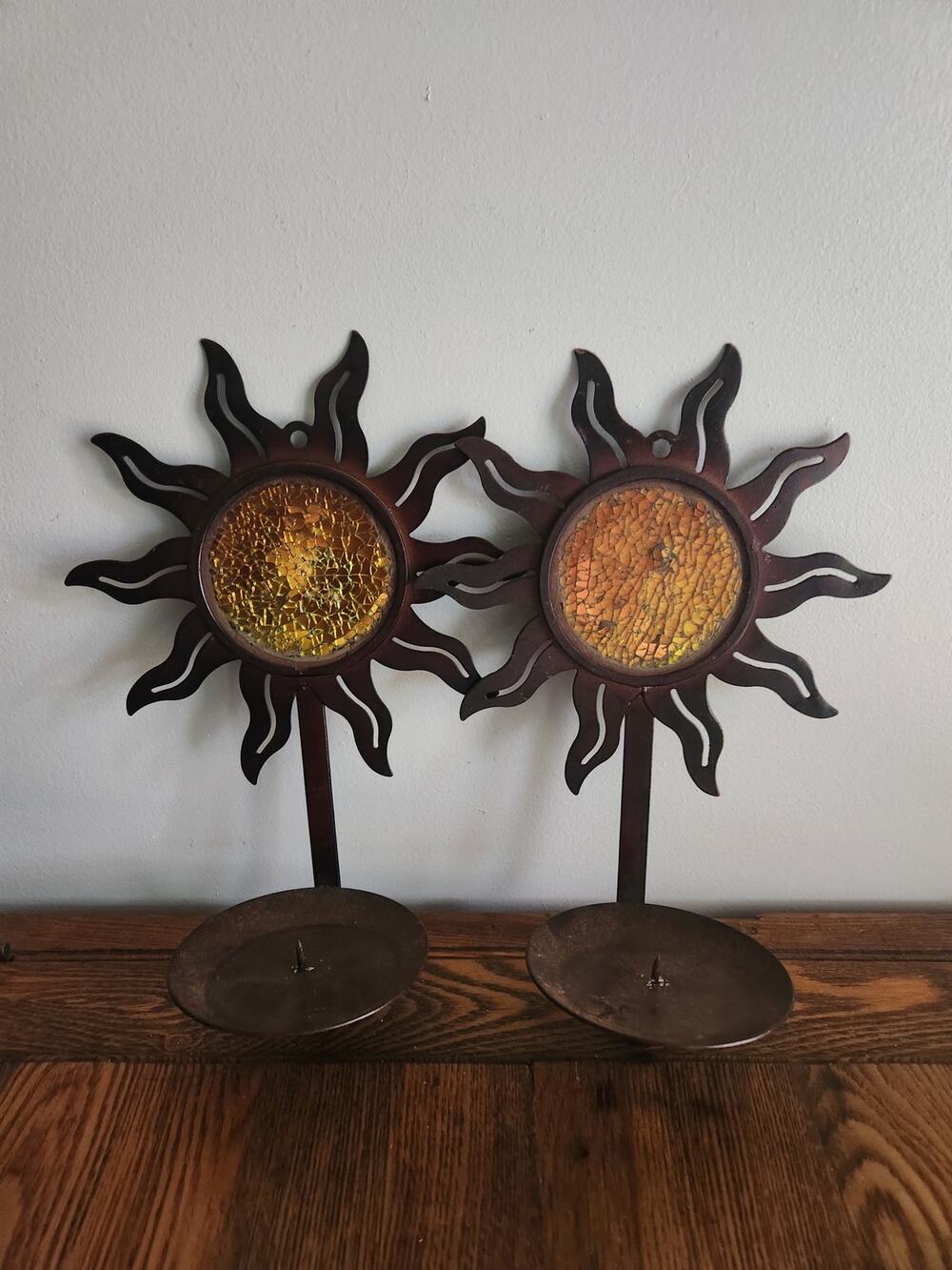 Pair of Bohemian Mosiac Glass Celestial Sun Decor, candle holders, boho, vintage